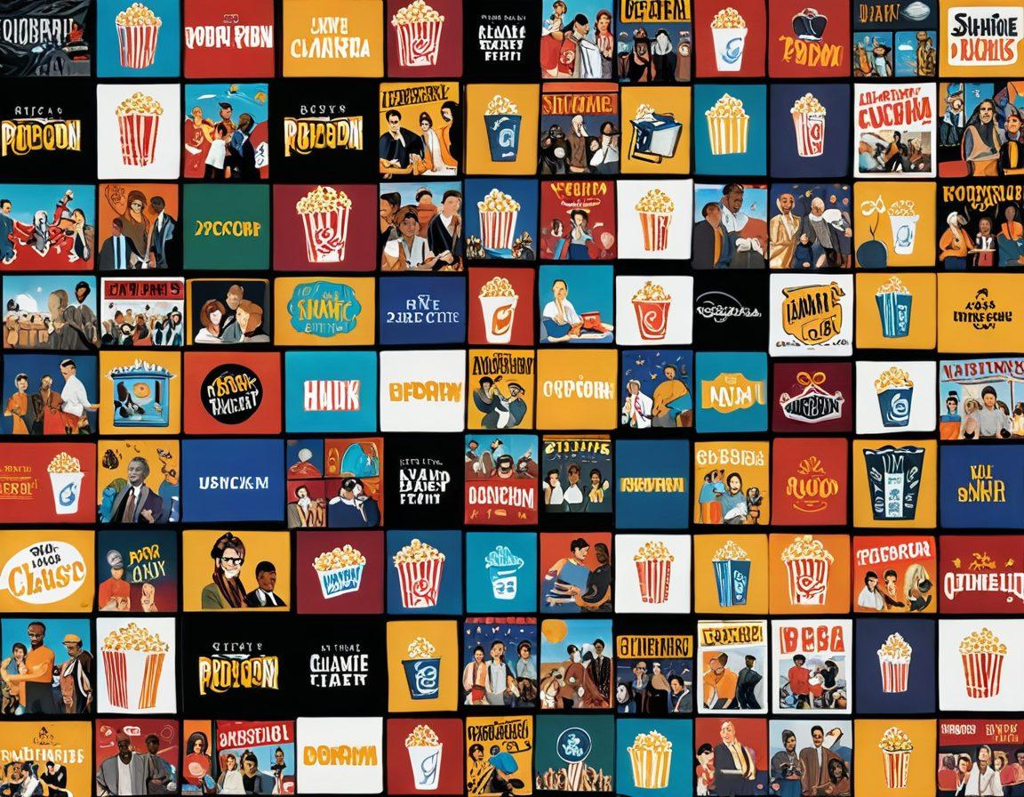 A dynamic collage showcasing various streaming platforms on different screens, featuring vibrant movie reels and live cinema in the background. Add iconic film symbols like popcorn, a film clapper, and a remote control. Include a diverse group of enthusiastic viewers enjoying films together. super-realistic. vibrant colors. 3D.