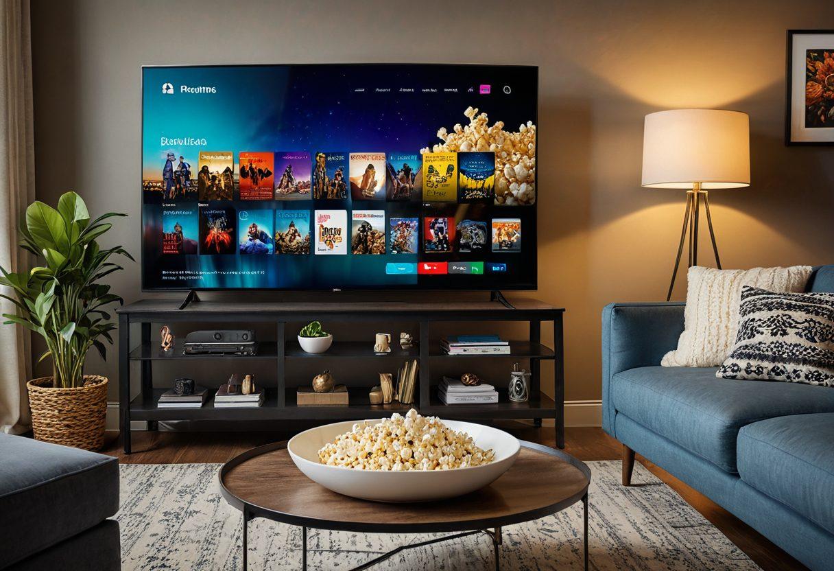 A cozy living room setting featuring a large TV screen displaying a vibrant movie scene, complete with a bowl of popcorn and a steaming cup of tea on a coffee table. Incorporate a laptop with streaming options visible on the screen. Soft lighting creates a warm atmosphere, inviting viewers to enjoy a cinematic experience at home. The background includes movie posters and whimsical decorations to enhance the entertainment vibe. super-realistic. vibrant colors. cozy atmosphere.